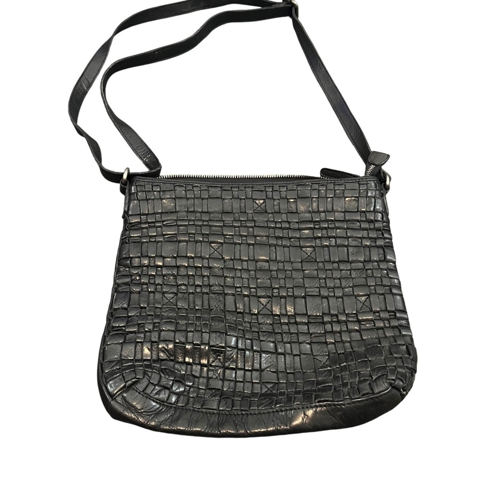 Vilenca Holland Crossbody Bag Women Medium Black Woven Leather Zip Messenger